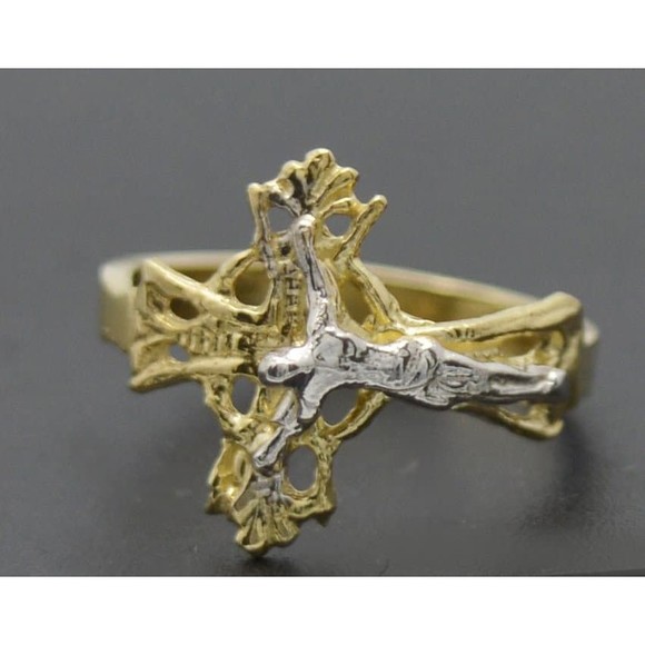 Real 10k Two-tone Solid Gold Shiny Jesus Cross Charm Kids Ring Size 1.5 - Picture 1 of 4